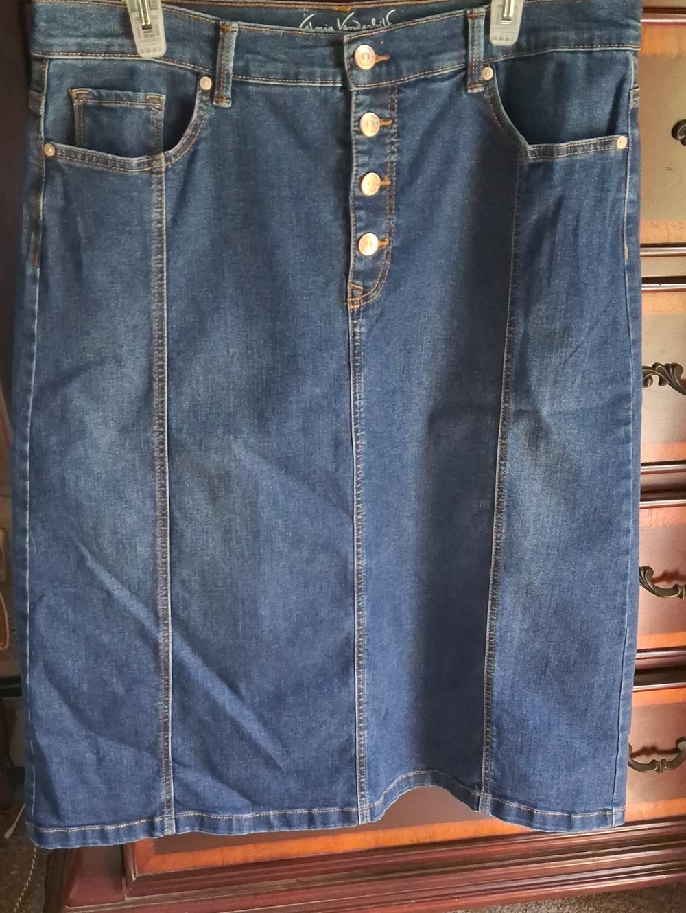 Gloria Vanderbilt Dark Blue Button-Front Denim Midi Skirt
